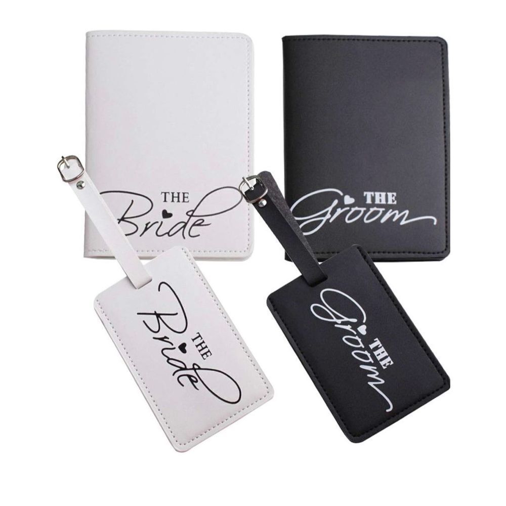 2 Pcs Bride and groom luggage tags + 2 Pcs passport cover, couple passport holde